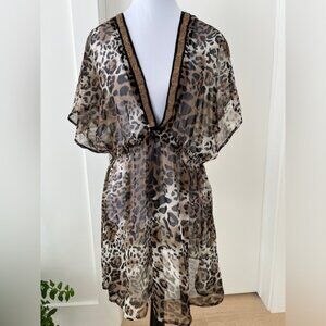 Coupe Swim Sheer Leopard Print Bead Detail Plunging Neckline Swimsuit Coverup